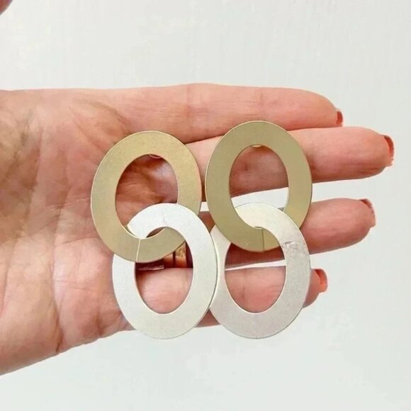 Banana Republic Mixed Metal Double Hoop Earrings Gold Silver Metallic NWT - Picture 7 of 15